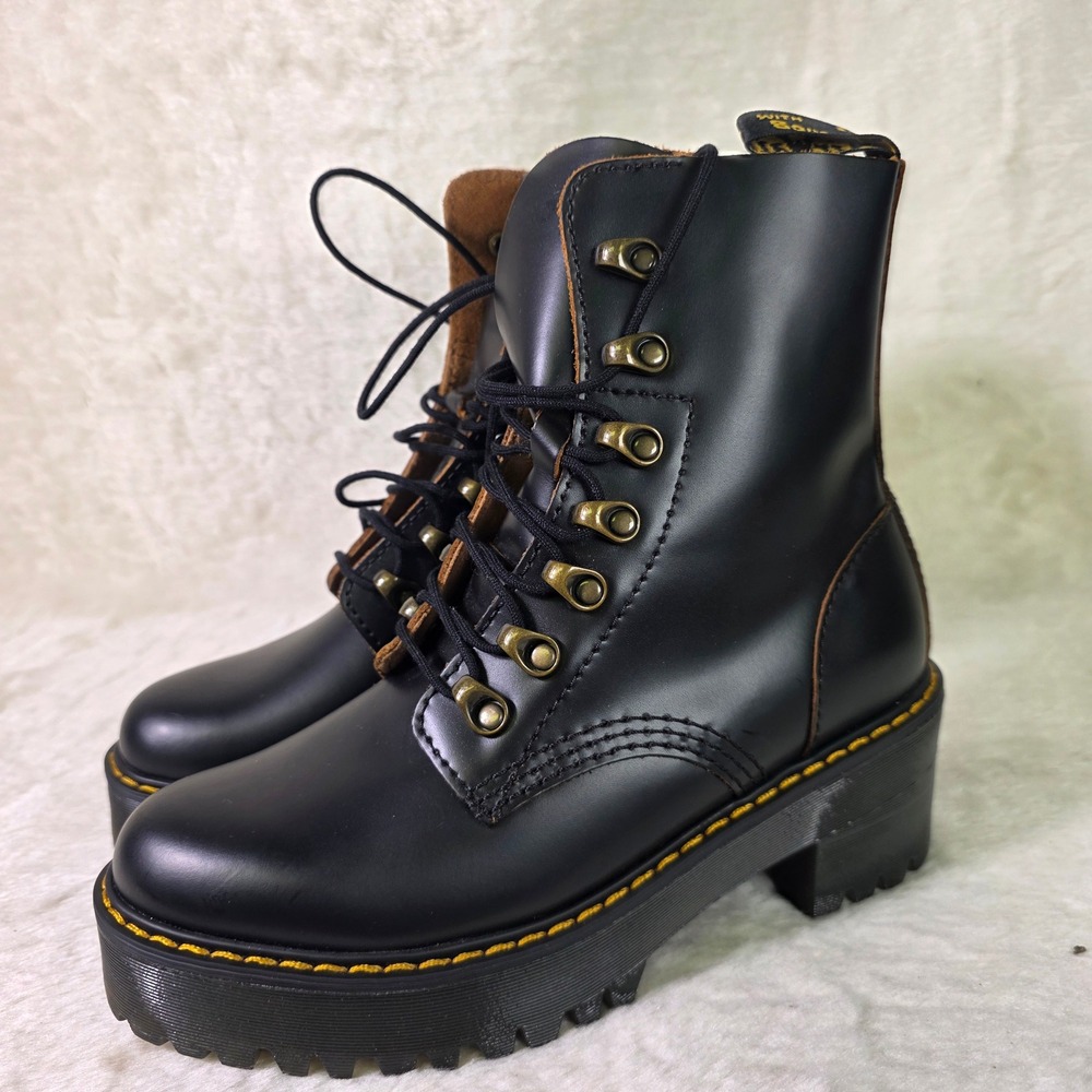 Dr. Martens Leona Platform Heeled Combat Boots Black Leather Womens 37 6 NEW